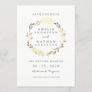 Moderne Golden Leaf Wreath Wedding Save The Date
