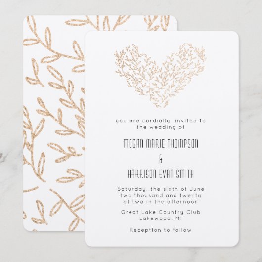 Moderne Golden Wreath Heart Wedding Uitnodiging (Voorkant / Achterkant)
