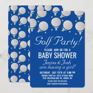 Moderne golfballen baby shower feestje blauw kaart