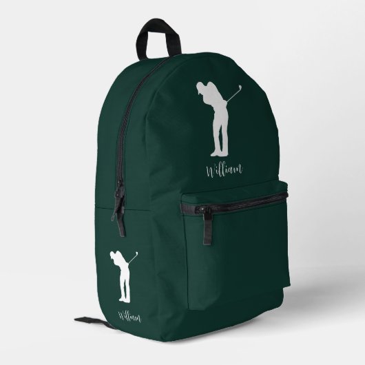 Moderne Golfer Silhouet Script Monogram Groen Bedrukte Rugzak (Achterkant Hoek Links)