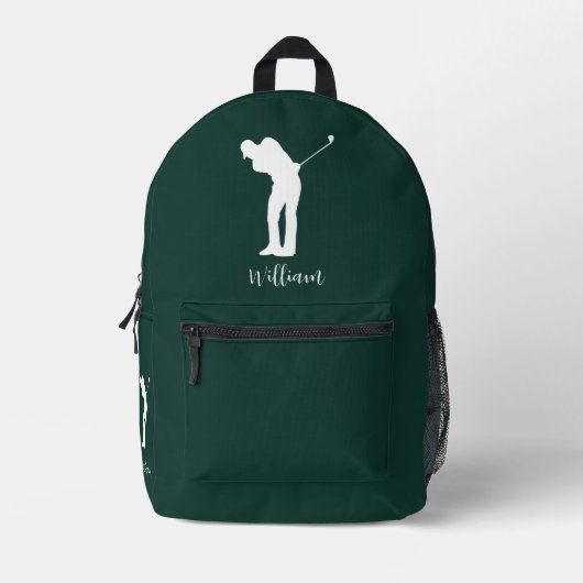 Moderne Golfer Silhouet Script Monogram Groen Bedrukte Rugzak (Voorkant)