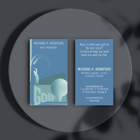 Moderne golfinstructeur golfen blauw visitekaartje