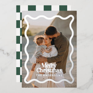 Moderne golvende rand check groene foto Kerstmis Folie Uitnodiging