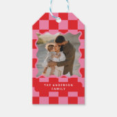 Moderne golvende rand check minimale kerstfoto cadeaulabel (Voorkant)