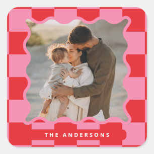 Moderne golvende rand check minimale kerstfoto vierkante sticker