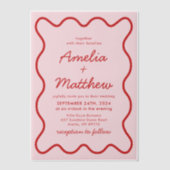 Moderne golvende roze en rode retro Squiggle bruil Vellum Uitnodigingen (Voorkant)