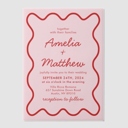 Moderne golvende roze en rode retro Squiggle bruil Vellum Uitnodigingen (Voorkant)