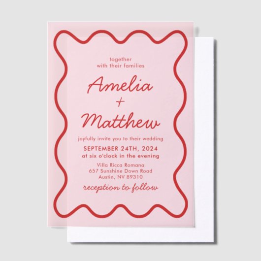 Moderne golvende roze en rode retro Squiggle bruil Vellum Uitnodigingen (Offset)