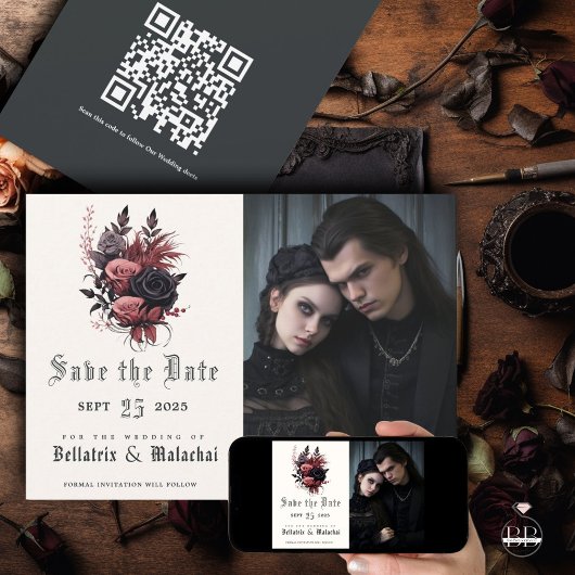 Moderne Gothic Zwart en WoodRose Foto Save The Date