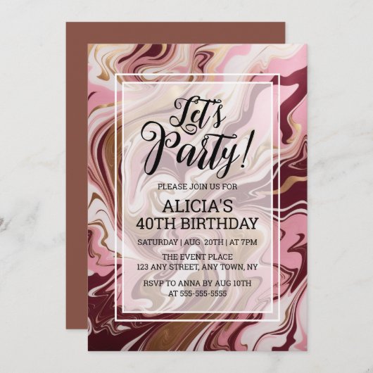 Moderne goud bordeauxroze marmeren vloeibare verja kaart (Voorkant / Achterkant)