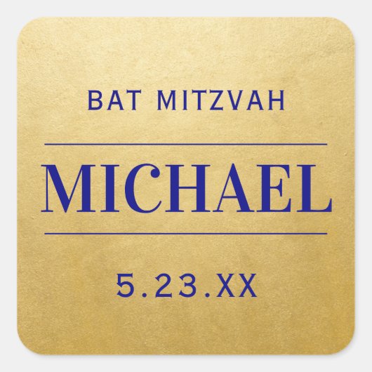 Moderne goud- en blauwe Mitzvah-verjaardagsnaam Fa Vierkante Sticker (Voorkant)