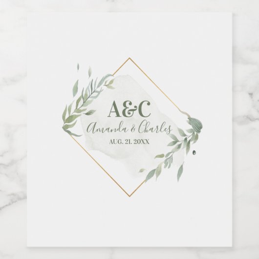 Moderne goud- en muntgroene bladframe wijn etiket (Enkel label)