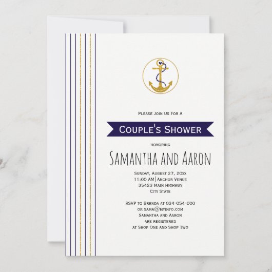 Moderne goudanker streept zeemangetrouwe trouwdouc kaart (Voorkant)