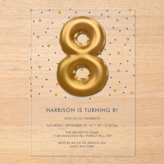 Moderne goudballon 8e verjaardag acryl uitnodigingen (Voorkant)