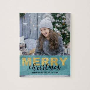 Moderne Gouden Blauwe Kerst Foto - Puzzel