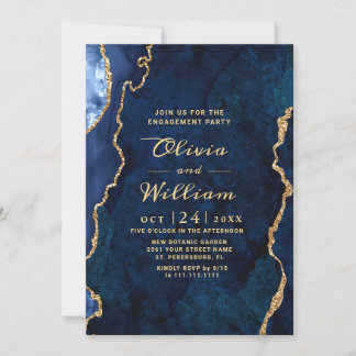 Moderne gouden blauwe marmeren agaat verlovingsfee kaart