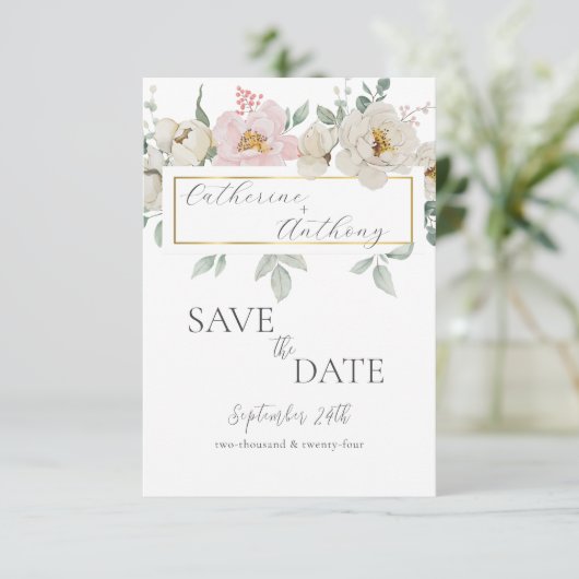 Moderne Gouden Bloemen Bruiloft  Save The Date (Staand voorkant)