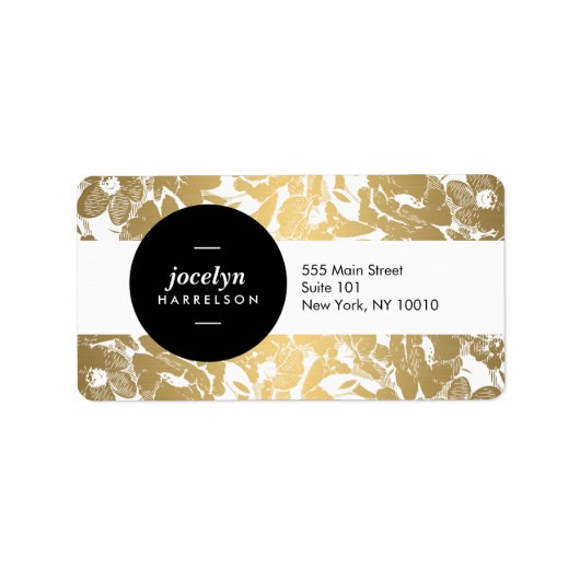 Moderne Gouden Bloemen Zwart Cirkel Adres Label (Voorkant)