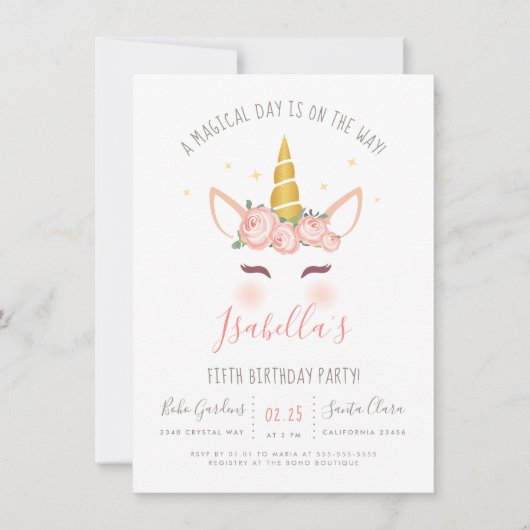 Moderne Gouden Bloemrijke Magische Eenhoorn Verjaa Kaart (Voorkant)