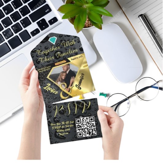 Moderne Gouden Diamant Zwart Bruiloft Uitnodiging