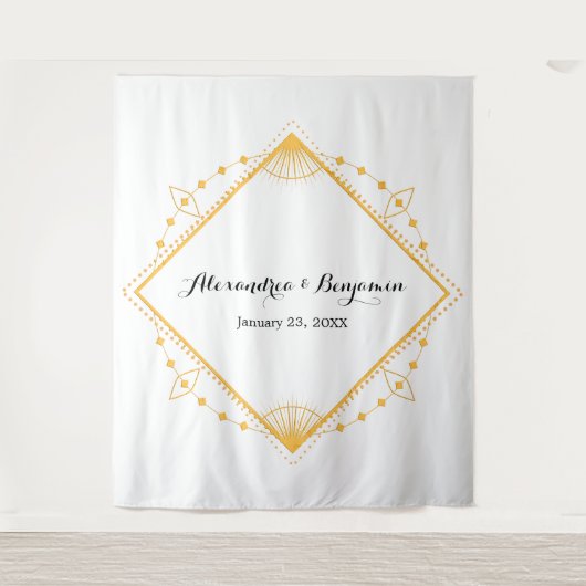 Moderne Gouden Diamanten Bruiloft Fotohokje Achter Wandkleed (Voorkant)