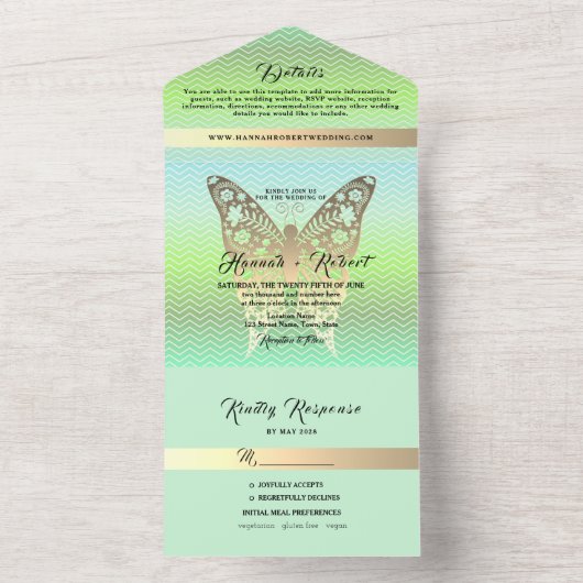 Moderne Gouden en Groene Huwelijk All In One Uitnodiging (Binnen)