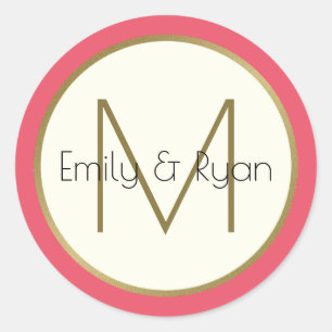 Moderne gouden en roze monogram ronde sticker