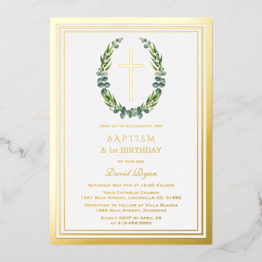 Moderne gouden Eucalyptus jongen 1e verjaardag doo Folie Uitnodiging (Voorkant)