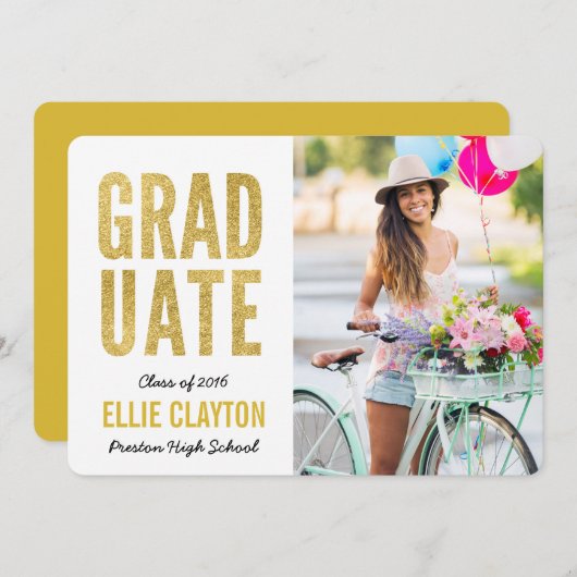 Moderne gouden foto afstuderen partij uitnodiging (Voorkant / Achterkant)