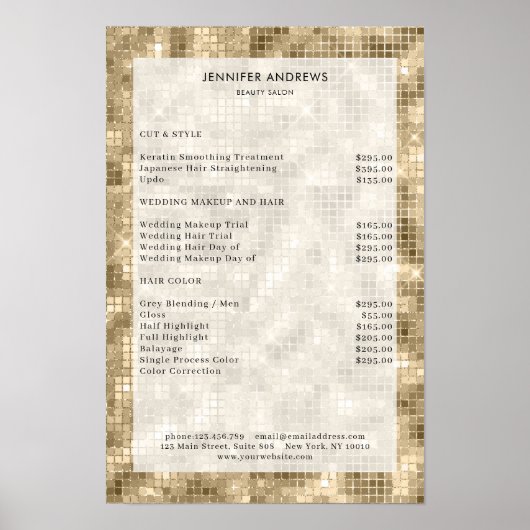 Moderne, gouden glam salon prijslijst Poster (Voorkant)