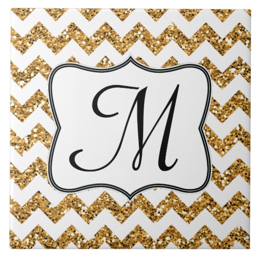 Moderne Gouden Glitter Chevron Monogram Display Te Tegeltje (Voorkant)