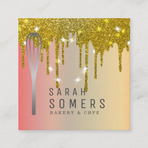 Moderne Gouden Glitter Drip Whisk Bakkerij Vierkante Visitekaartje