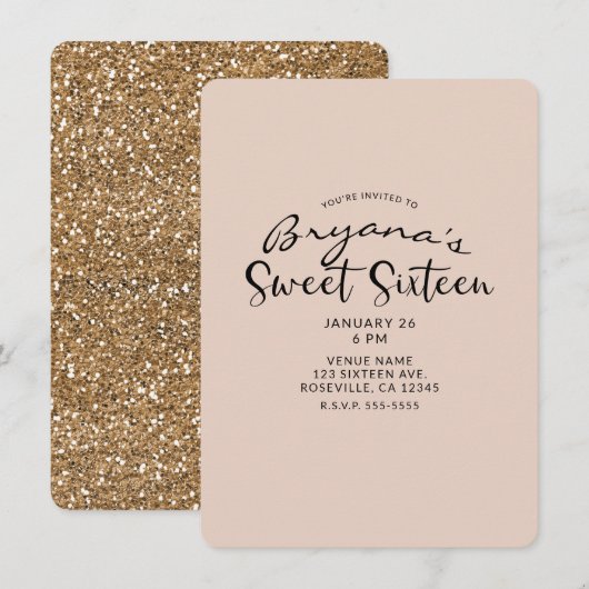 Moderne Gouden Glitter Glam Sweet 16 Zestien Feest Kaart (Voorkant / Achterkant)