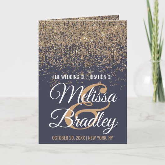 Moderne Gouden Glitter Sparkles Navy Blue Wedding Programma (Voorkant)