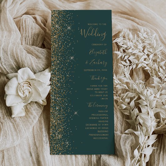 Moderne gouden glitters donkergroene trouwprogramm