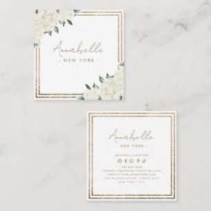 Moderne Gouden Glitters & Witte Bloemen Frame Mini Vierkante Visitekaartje