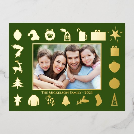 Moderne Gouden Groene Foto Kerstmis Folie Feestdagen Briefkaart (Voorkant)