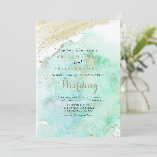 Moderne Gouden Groene Kalligrafie Voor & Achterbru Kaart (Staand voorkant)