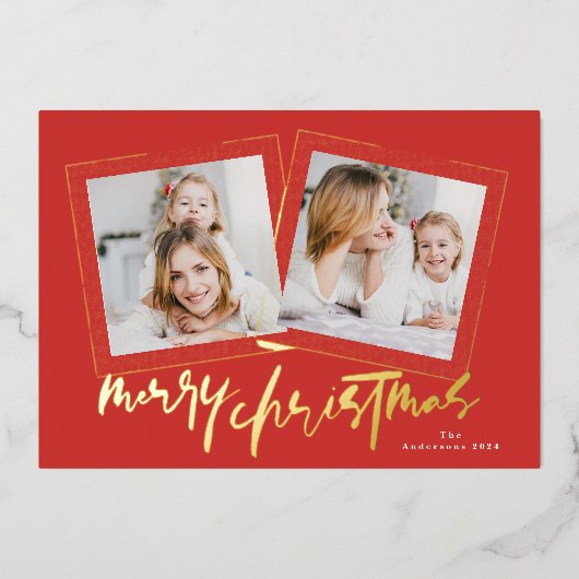 Moderne Gouden Groenen Vrolijk Kerstfeest Multi Fo Folie Feestdagenkaart (Voorkant)