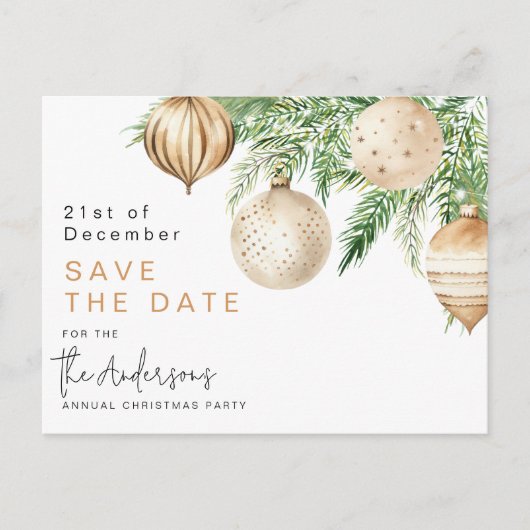 Moderne gouden kerstbal Bewaar de datum Feestdagenkaart (Voorkant)