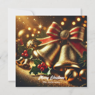 Moderne gouden kerstklokken en decoraties feestdagenkaart