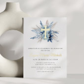 Moderne Gouden Kruis Blauw Bloemen Toewijding Folie Uitnodiging