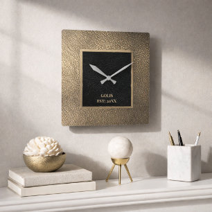 Moderne Gouden-Leren & Zwarte Minimalist Vierkante Klok