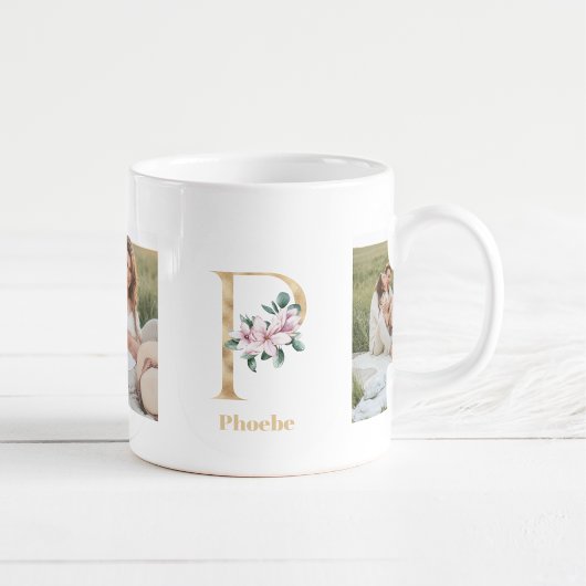 Moderne gouden letter P bloem | Twee foto-monogram Koffiemok