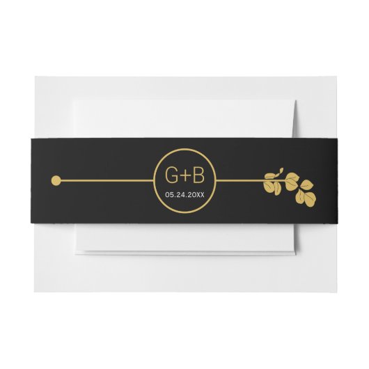 Moderne gouden lijn en tak met bruiloft bladeren uitnodigingen wikkel (Voorkant Voorbeeld)