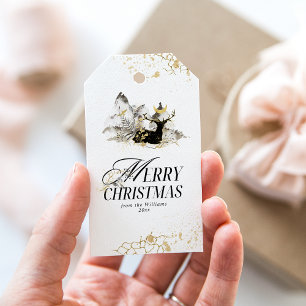 Moderne Gouden Maan Magisch Bos Foto Kerstmis Cadeaulabel