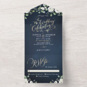 Moderne gouden mannetjes blauw witte florale bruil all in one uitnodiging (Binnen)