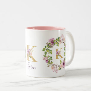 Moderne Gouden Monogram K Aquarel Bloemenkrans Tweekleurige Koffiemok