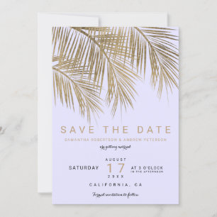 Moderne gouden paarse palmboom elegante bewaar de save the date