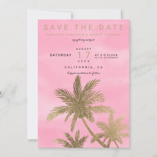 Moderne gouden palmboom roze chic save the date (Voorkant)